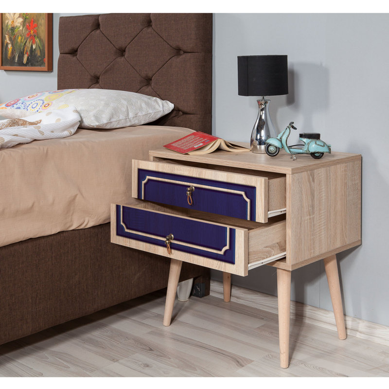Table de chevet 2 tiroirs Kira, Noyer / Bleu