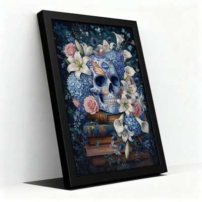 Art mural sur toile avec motif de crâne bleu reposant sur des livres