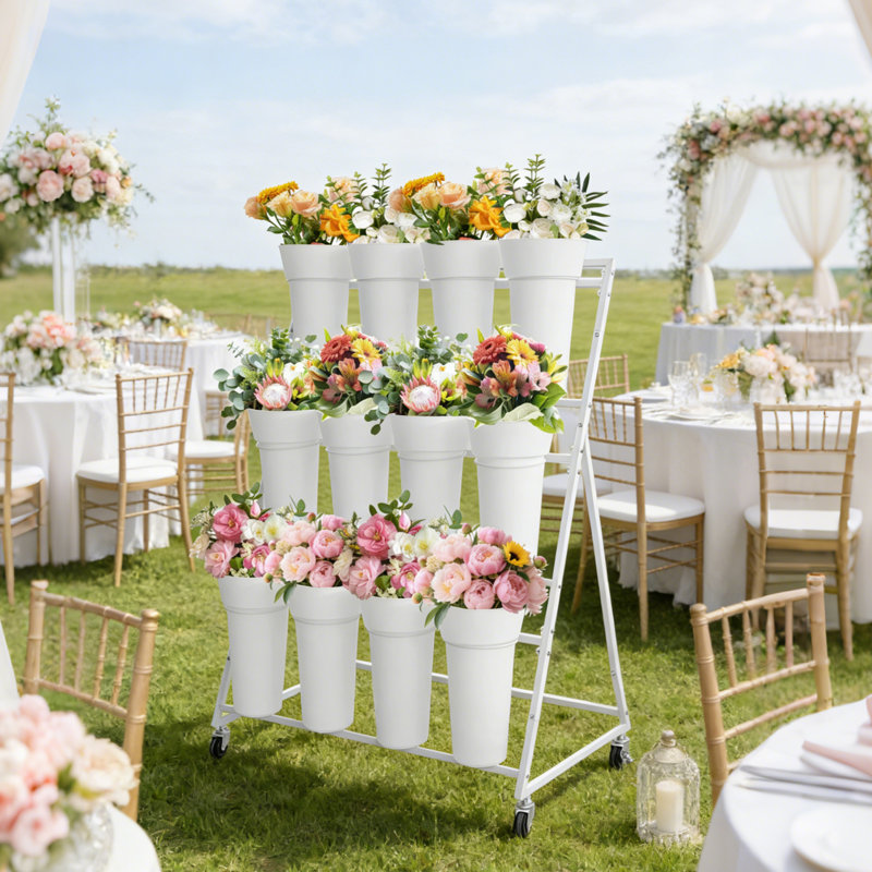 Présentoir à fleurs à 3 niveaux avec 12 seaux et roues pour les jardins de terrasse, Blanc