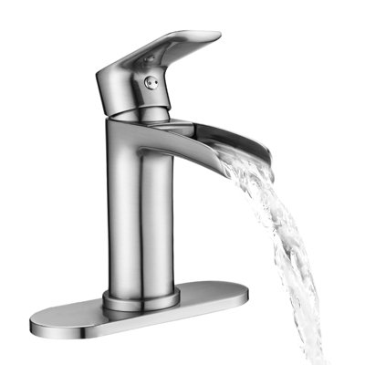 Modern Waterfall Bathroom Faucet Single Handle - Brushed Nickel With Deck Plate & Overflow Pop Up Drain For Restroom Vanity Stylish And Lavatory Style