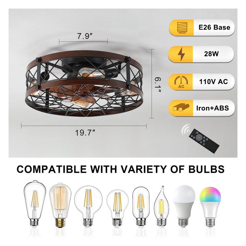 Ventilateur de plafond en cage de 20 pouces avec lumière noire, ventilateur de plafond encastré Farmhouse, petit luminaire de ventilateur de plafond réversible pour le salon de la chambre à coucher (comprend 5 ampoules E26)