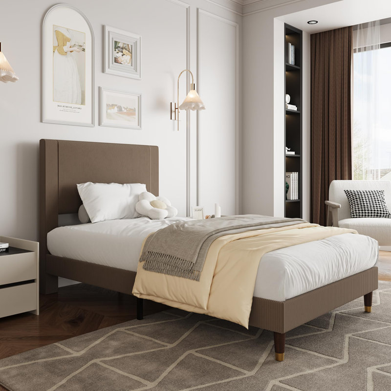 Platform Bed Frame with Headboard, Comfy Corduroy Upholstered Bed Frame with Wooden Slats Support, No Box Spring Needed, Twin