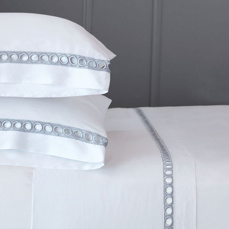 Montecito Egyptian Cotton Sateen Sheet Set, Cal.King Sheet Set + 2 Pillowcases, White/Silver