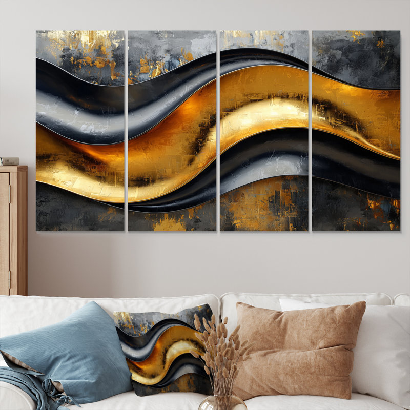 «Geometric Cooper Waves II», art mural abstrait en spirale, décoration murale moderne, H 32 po x l 64 po, 4