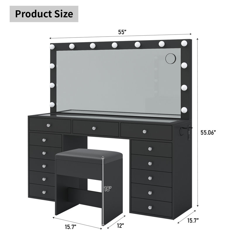 13 Drawers Vanity Desk, Makeup Vanity With Power Outlet, Vanity Table With Mirror And 12 LED Bulbs, 3 Color Lighting Modes, Glass Top Dressing Table Set