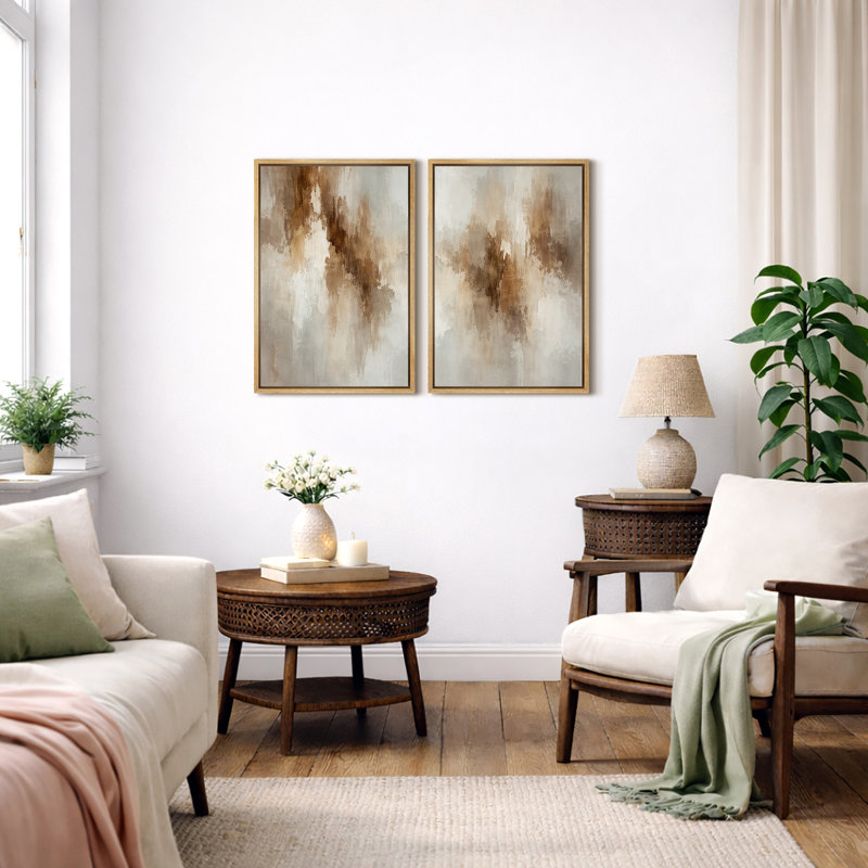 Vertical Earth Tone Abstract Artwork, Living Room Pictures, Framed Canvas Giclee Print Wall Art, Natural Floater Frame