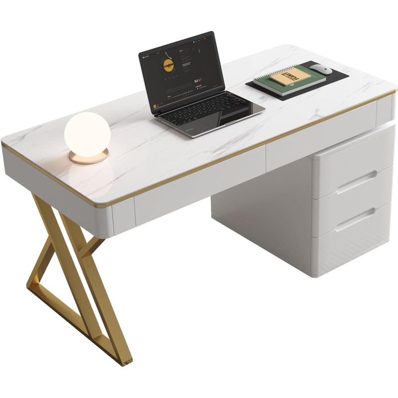 Bureau de direction avec tiroirs et armoires, bureau d'ordinateur blanc avec tiroirs avec plateau en verre trempé et motif en marbre, bureau à domicile moderne de 47 pouces avec station de charge pour bureau, salon, chambre à coucher