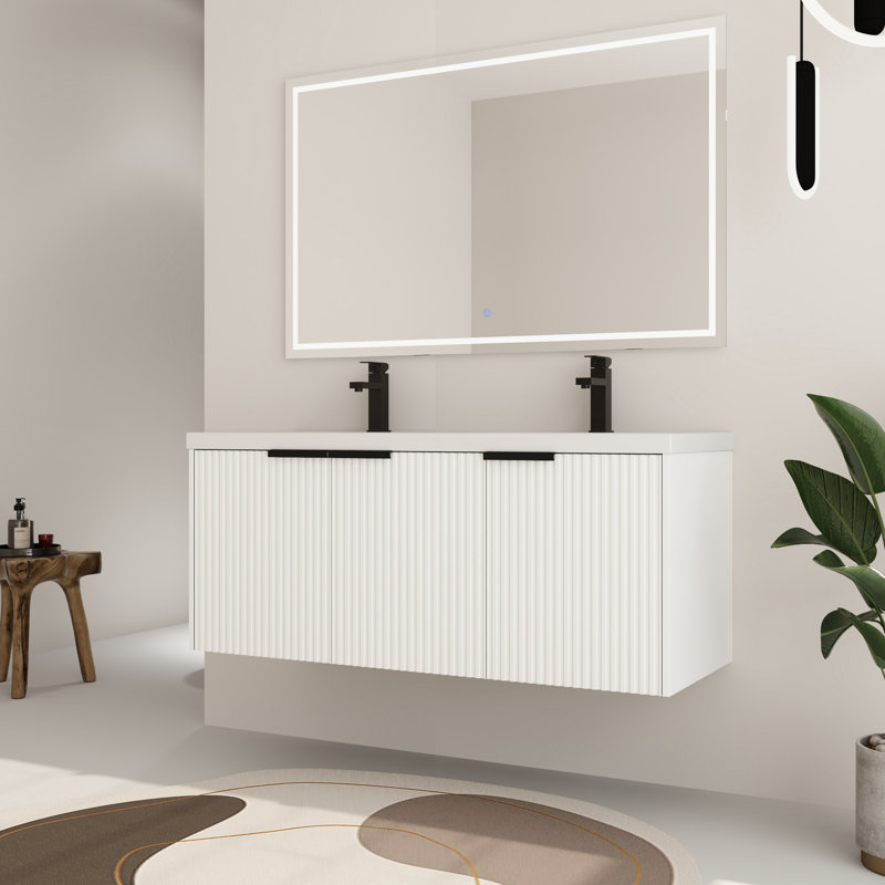 Ensemble de meuble-lavabo double 48 po avec plateau en résine Larchdale, Blanc / noir doré, 48"
