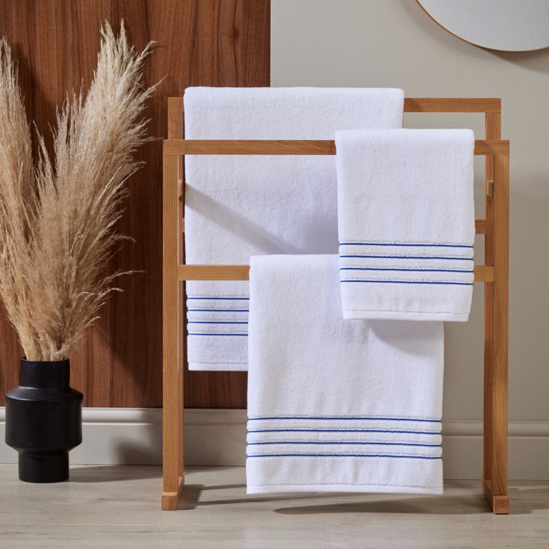 100% Cotton Four Row Cord Embroidered Bath Towel, White/Navy
