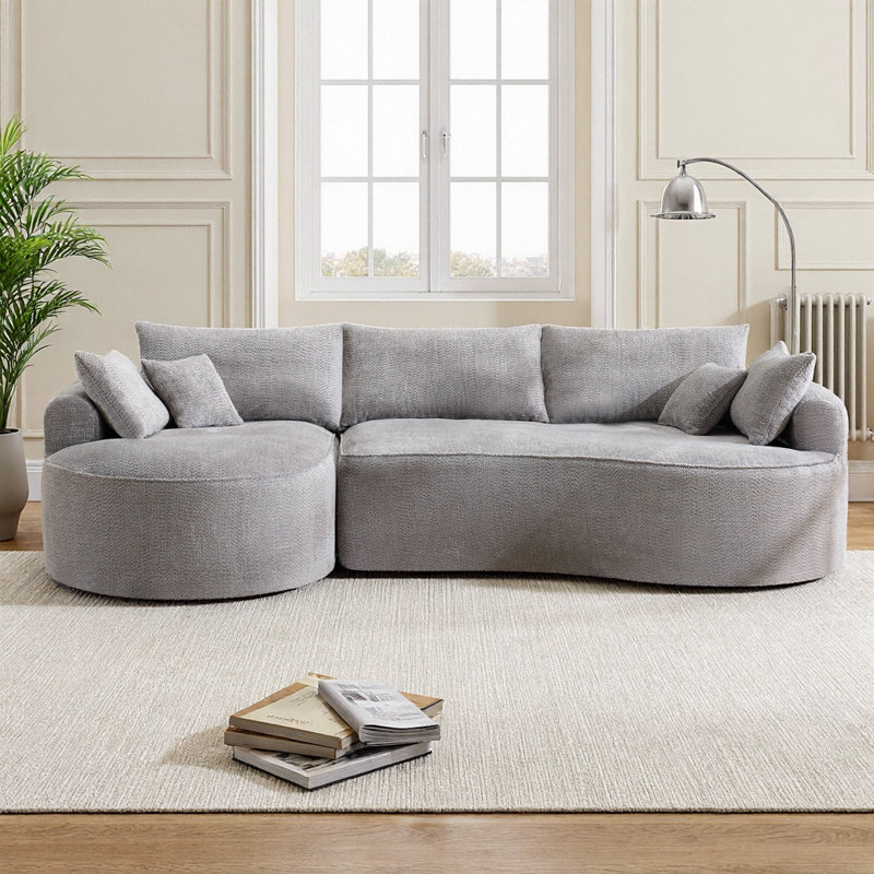 Canapé modulaire incurvé moderne en chenille grise avec coussins, Gris