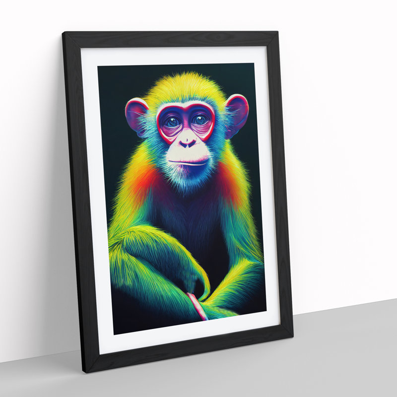 Neon Monkey No.3 - Wrapped Canvas Print, 64cm H x 46cm W x 2cm D, Black Framed