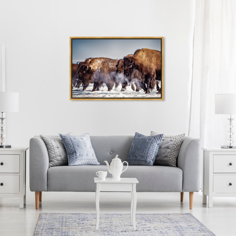 Buffalo Herd In A Snow Landscape Print, 20" H x 30" W, Wrapped Canvas