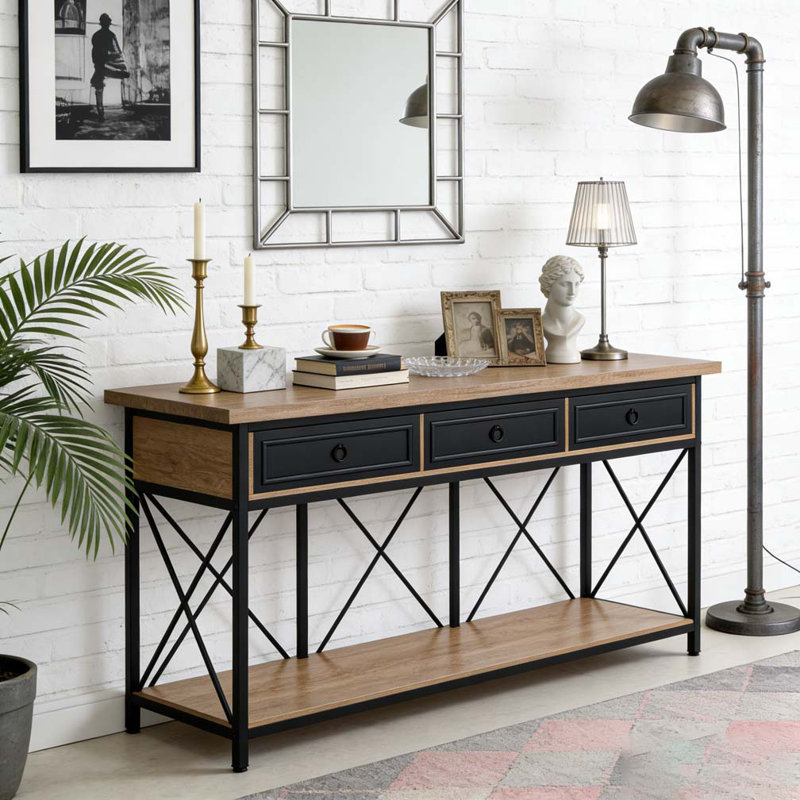3-Drawer Console Table Sofa Foyer Table with Storage Shelf, Black & Brown