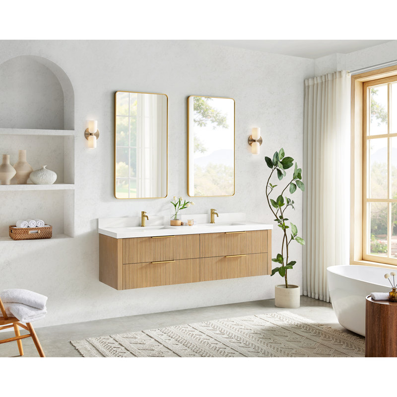 Barcelona 72" Floating Double Bath Vanity in Washed Ash Grey with White Quartz Stone Top, Washed Ash Gray/Brushed Gold, 72"