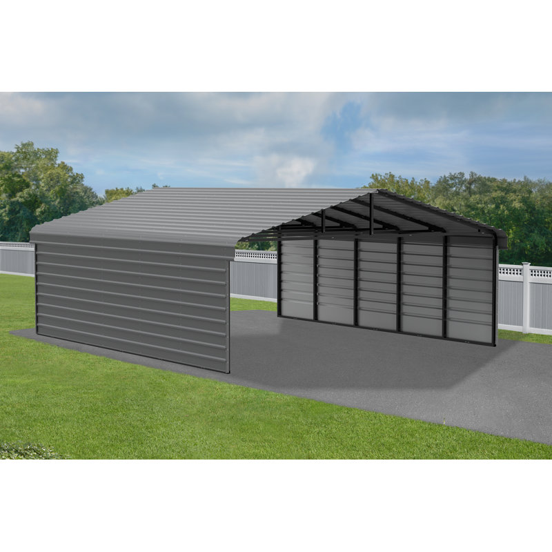 Charcoal Galvanized Steel Carport Kit with 2-Sided Enclosure, 20' x 24' x 9'