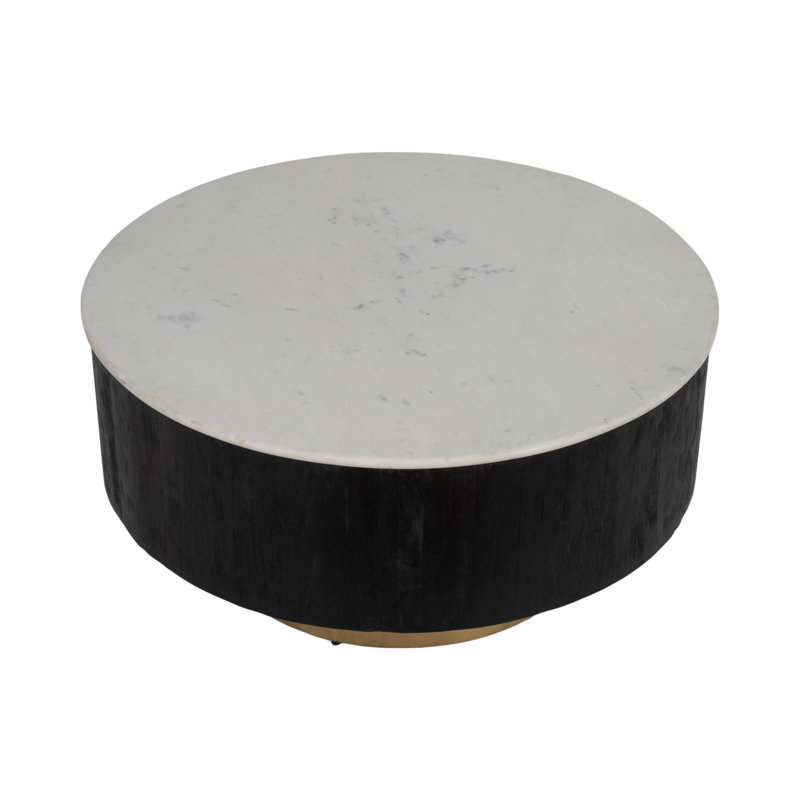 Round Coffee Table with White Marble Top and Black Wood Base, Living Room Table with Gold Metal Accent, Modern Coffee Table, 34"