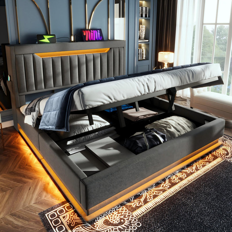 Upholstered Ottoman Storage Bed, Double (4'6), Grey
