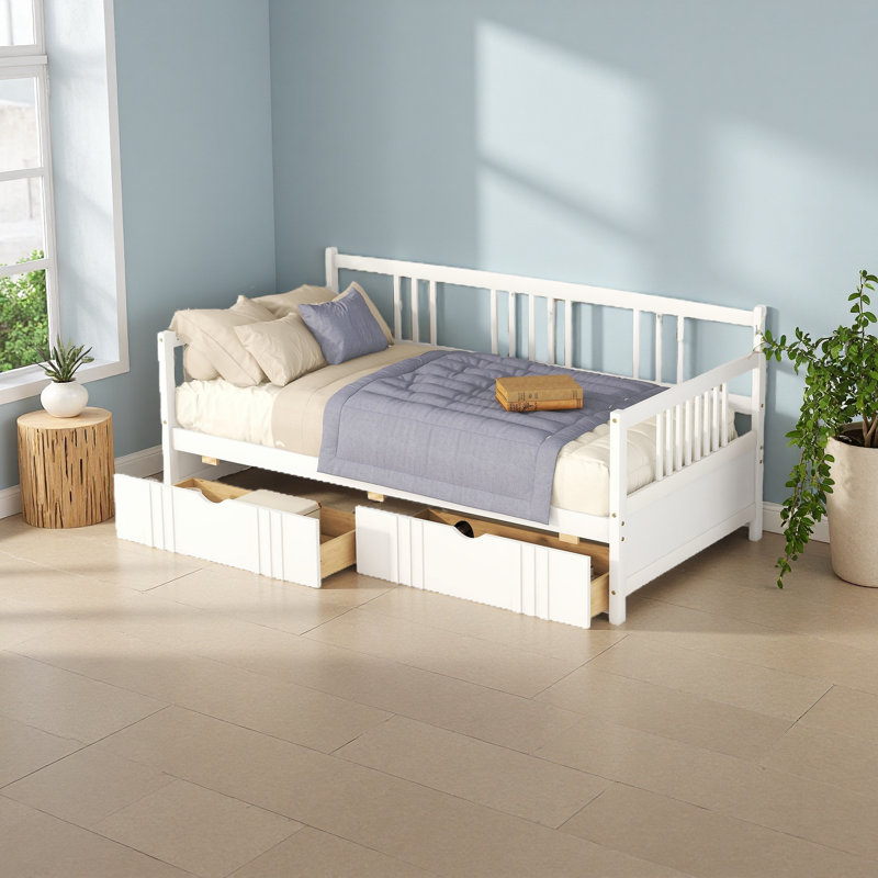 Lit de jour simple en bois avec deux tiroirs, Blanc