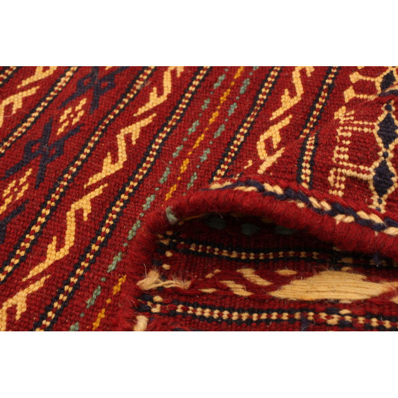 Tapis rouge foncé / jaune en laine fabriqué à la main Kilim