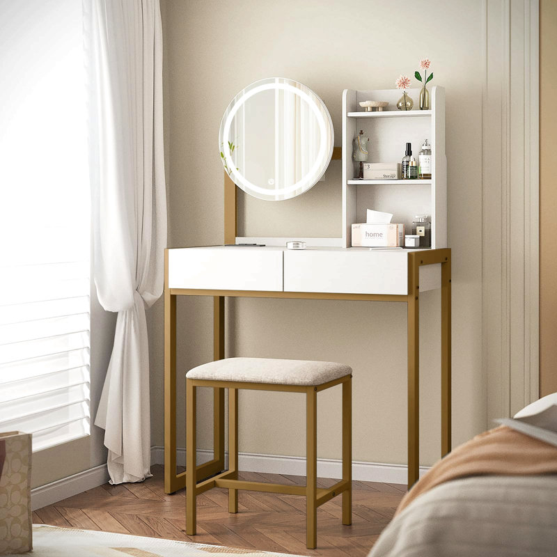 Small Vanity Desk With Mirror And Lights, Makeup Vanity Table With Led Mirror, 3 Lighting Modes, Power Outlet, Drawer, Open Shelves And Cushioned Stool For Bedroom