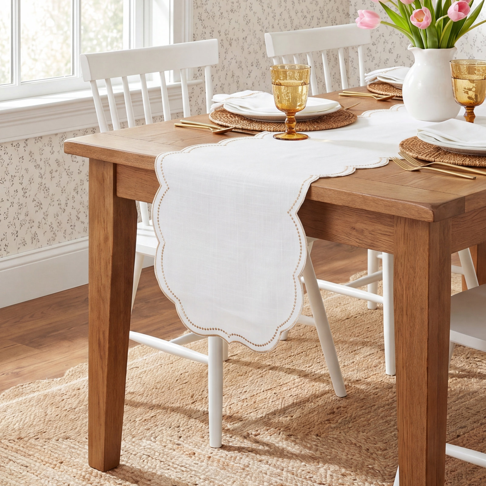 Lauryn Collection 70" Table Runnner, White/Gold