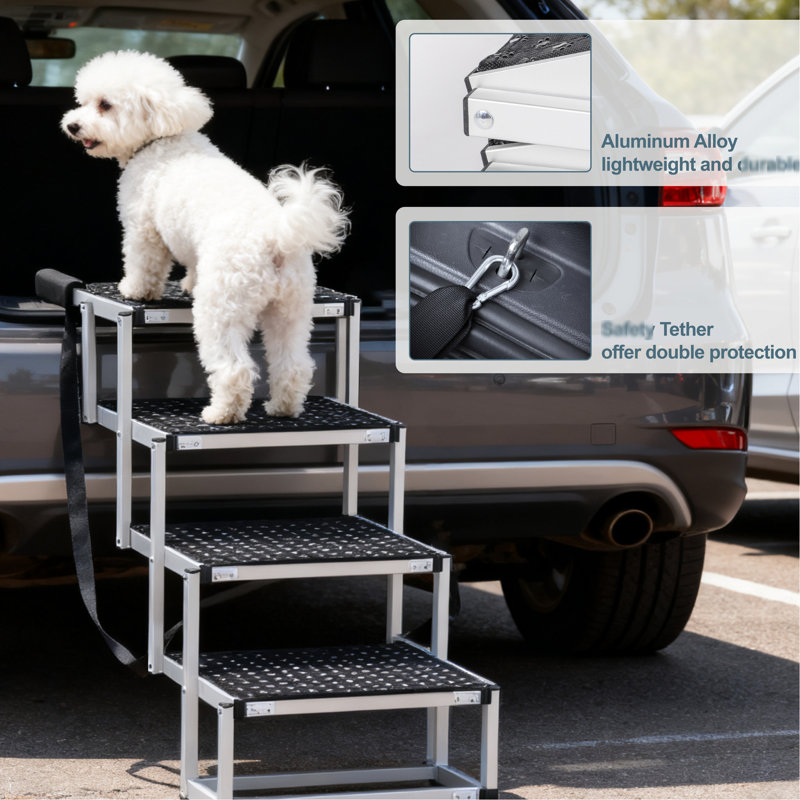 Escalier pliable pour chien, marches antidérapantes à motifs de pattes, rampe en aluminium haute capacité, léger, adapté aux chiens âgés et à pattes courtes, installation rapide, matériau léger, supporte jusqu'à 113 kg, aucun assemblage requis