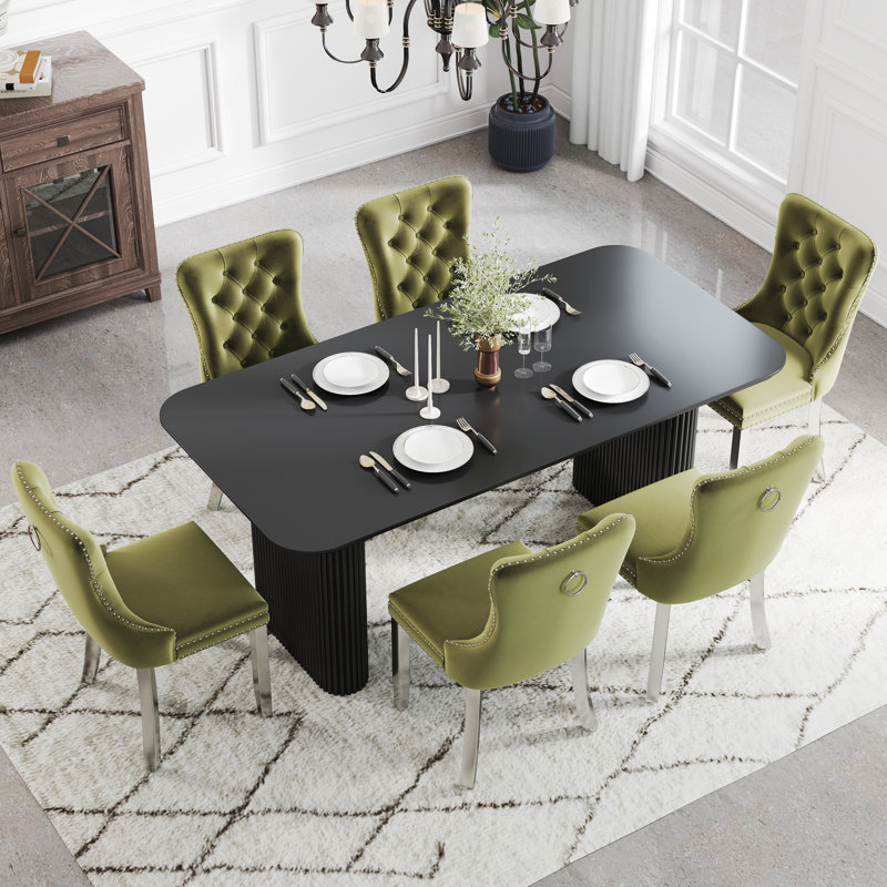 Ensemble de salle à manger rectangulaire en bois avec chaise capitonnée, Vert olive, 7, Noir