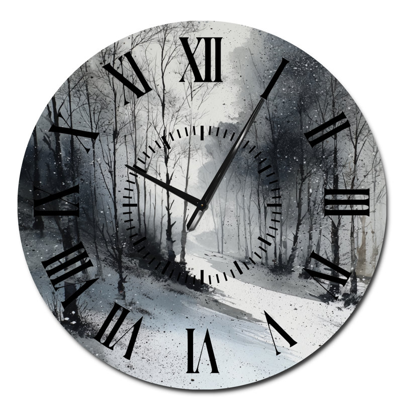 Forêt d'hiver brumeuse, paysage gris et blanc III - Horloge murale silencieuse en métal Nature, Surdimensionné
