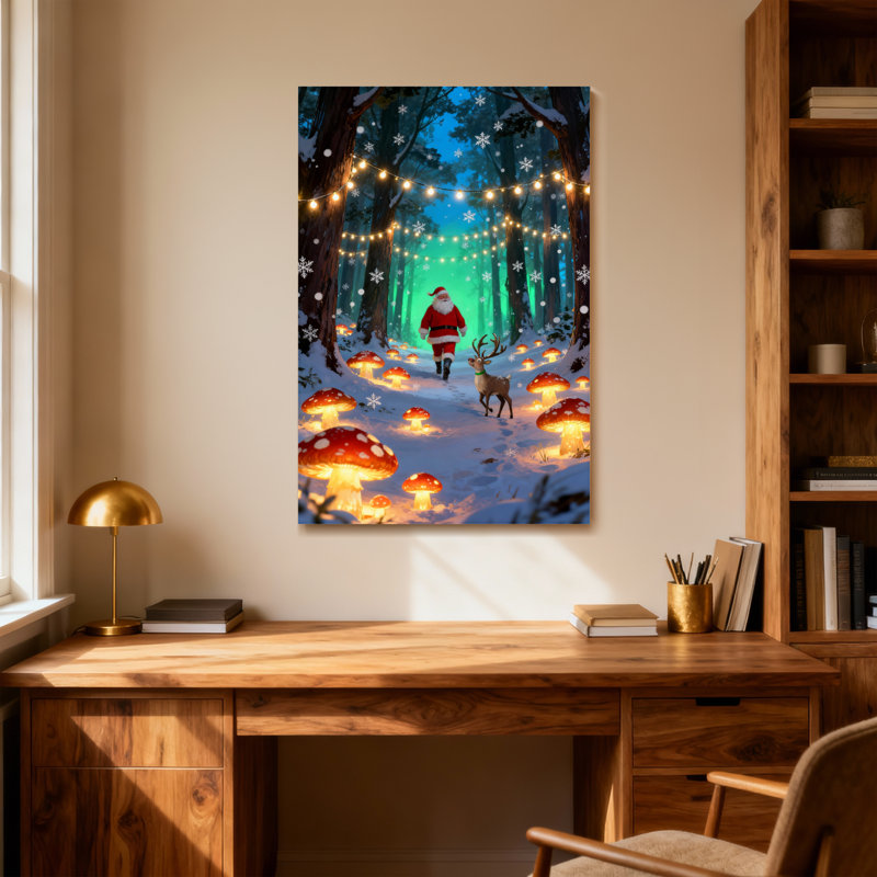 Noël père Noël marchant dans une forêt enchantée avec des champignons lumineux, H 36 po x l 24 po