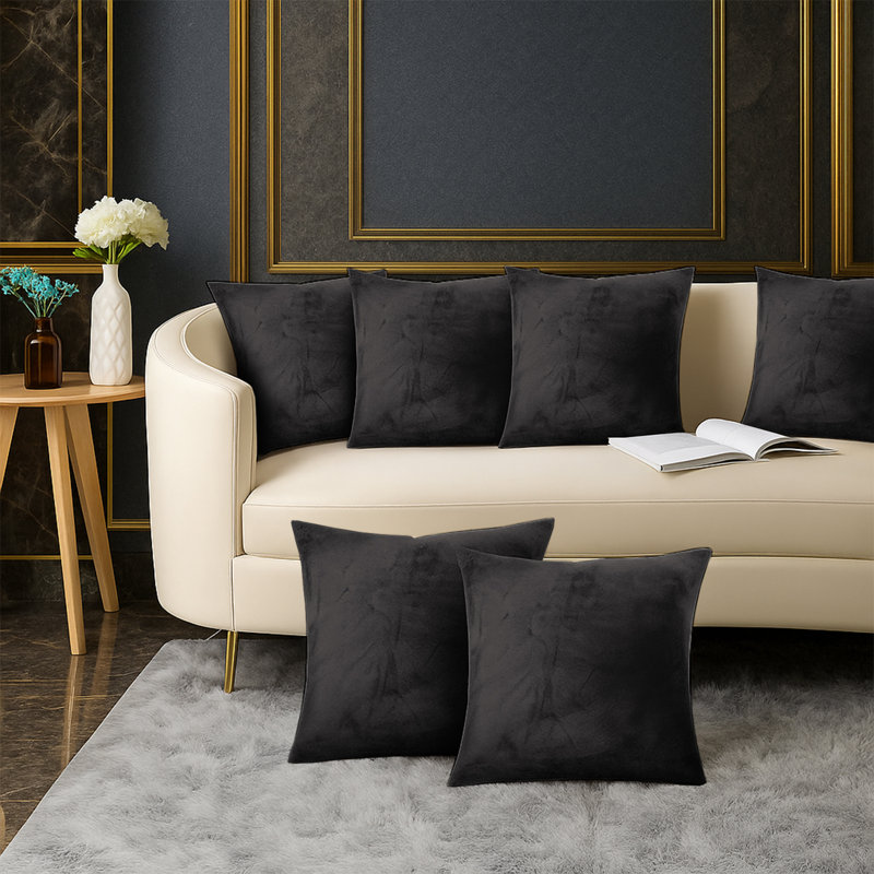 Elegant Decorative Throw Pillow Case For Sofa, Couch & Bedroom -Set Of 6, Black