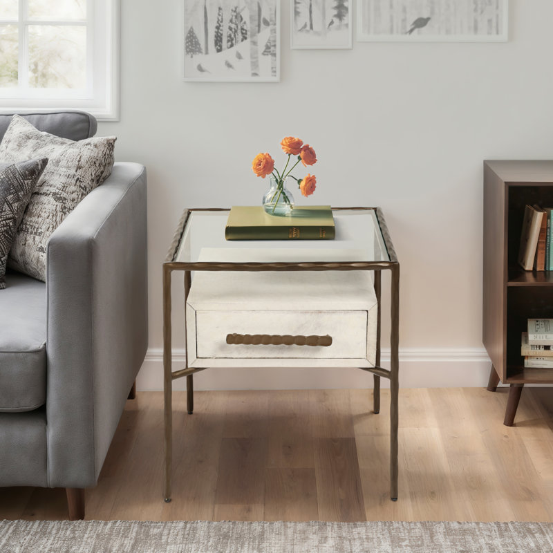 Accent End Table with Glass Top and Drawer with Aluminum Handle - Stylish Side Table with Drawer, 22"