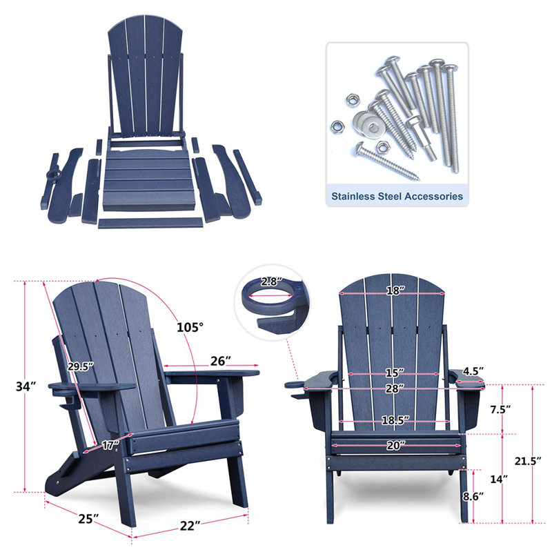 Weather-Resistant Foldable Outdoor Adirondack Chair，Blue, Blue