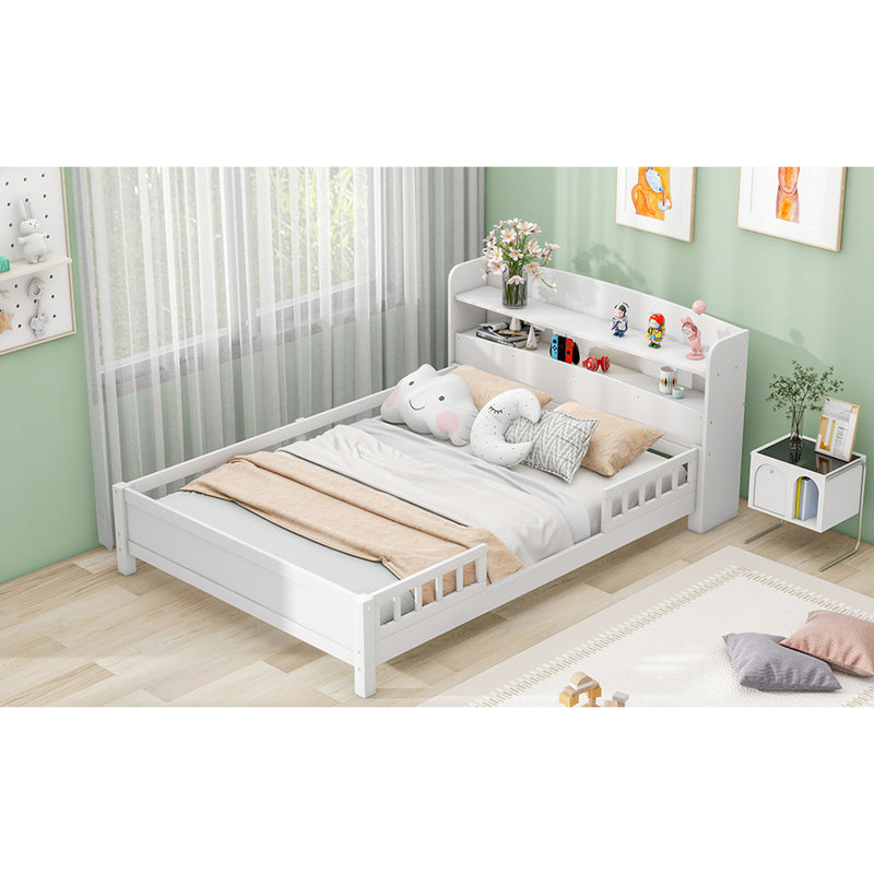 Lit double avec éclairage intégré, rangement pour tête de lit et garde-corps, plateforme blanche, Lit double, Blanc