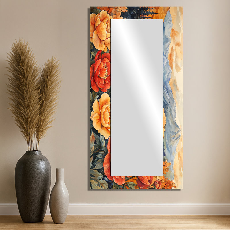 Pivoines dans les montagnes de l'automne I - Art mural miroir floral - imprimé sur métal, 28 po x 55 po