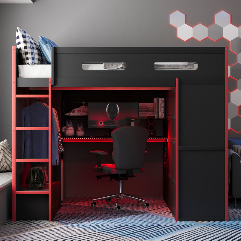 Lit mezzanine double en rouge, d'inspiration gamer, avec bureau, éclairage et armoires de rangement, tiroirs, Red
