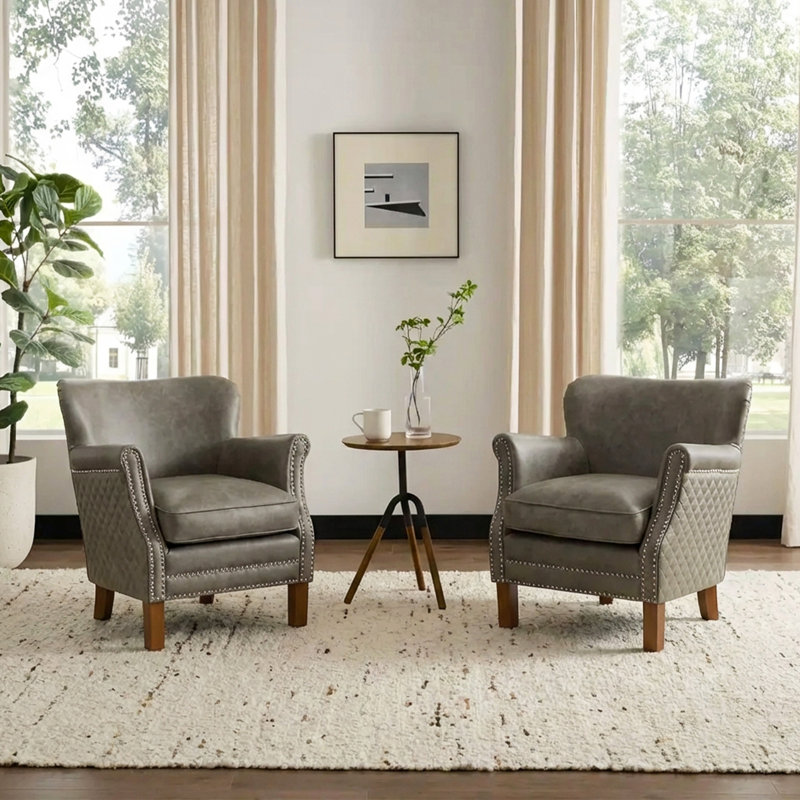 Petit fauteuil rembourré en cuir véritable de 26 po de largeur (ensemble de 2), Gris