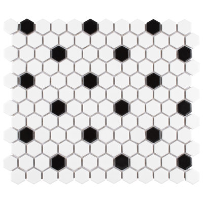 Madison 1" Hex Matte Cool White with Black Dot 10-1/4" x 11-7/8" Porcelain Mosaic Tile