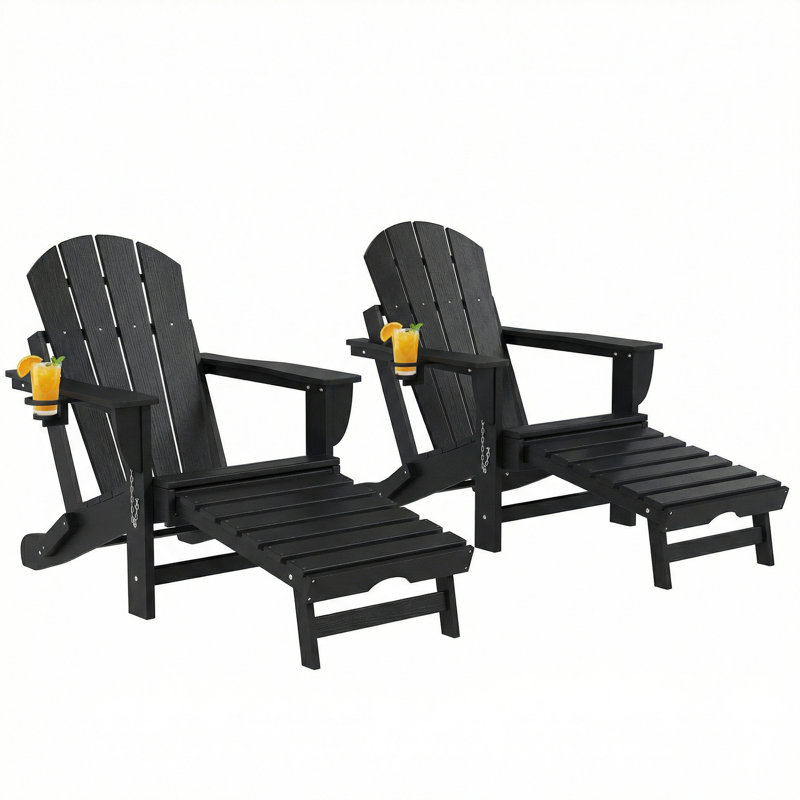 Folding Adirondack Chair Set of 2, Outdoor HDPE Fire Pit Chair with Retractable Ottoman, Cup Holder and Large Seat for Deck, Garden, Backyard, Black,wood