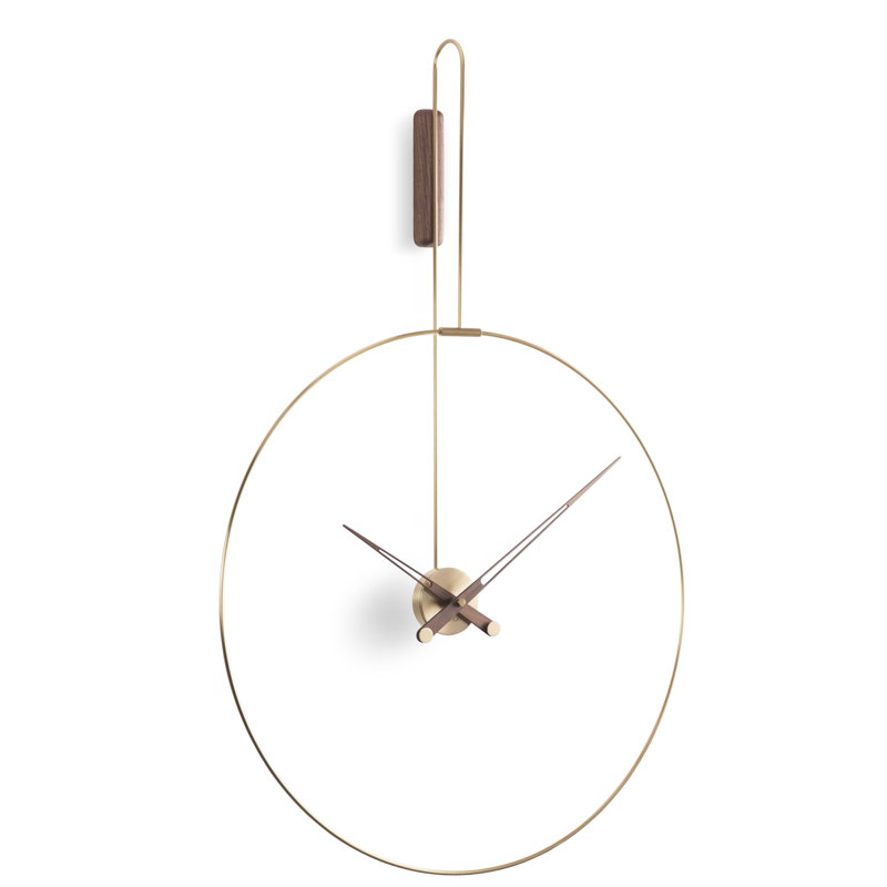 Large Walnut and Brass Minimalist Wall Clock