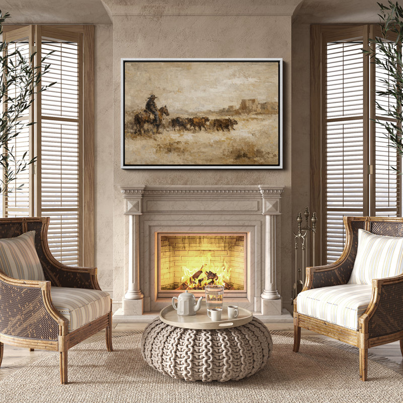 «Rustic Ranch Scene with Cowboy and Bétail», reproduction d'art encadrée, H 24 po x l 36 po, Blanc