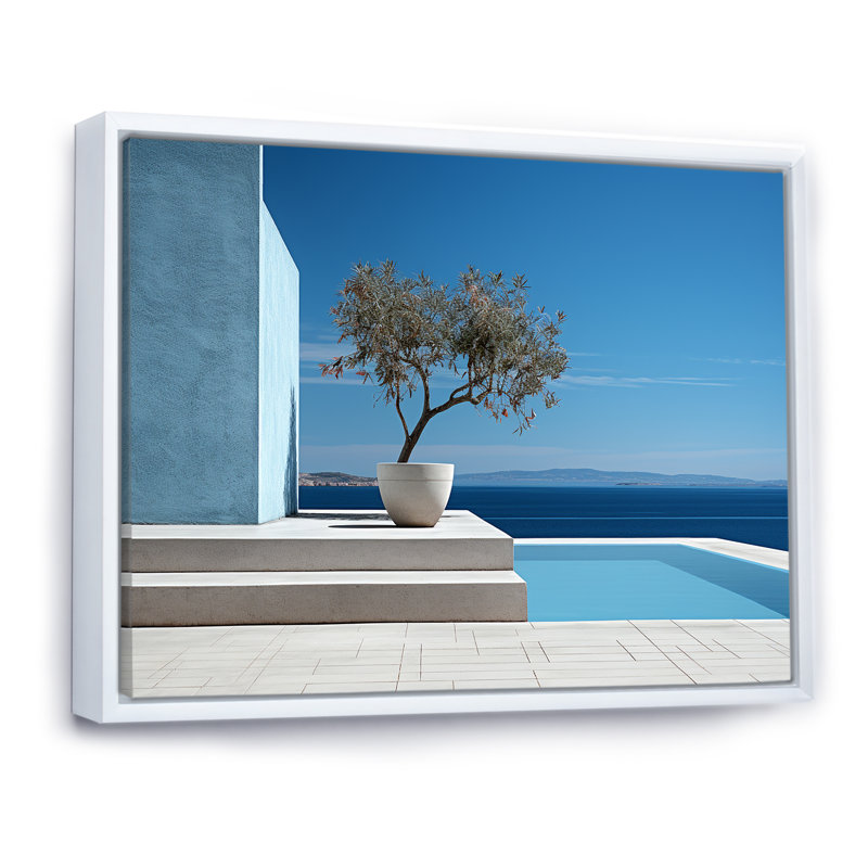 «Grèce Beach House Views Tranquility - Coastal Beach», art mural, Cadre flottant blanc, H 30 po x l 40 po x P 1,5 po
