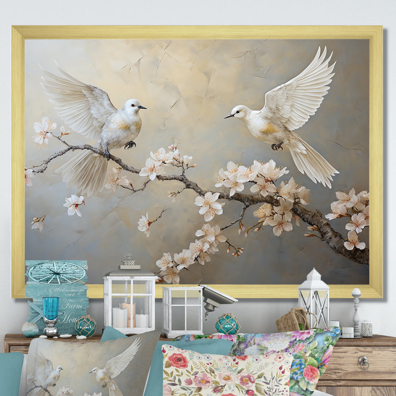 «White and Grey Birds Floral Serenity I», art mural oiseau, Cadre doré à coins fermés, H 12 po x l 20 po x P 1 po