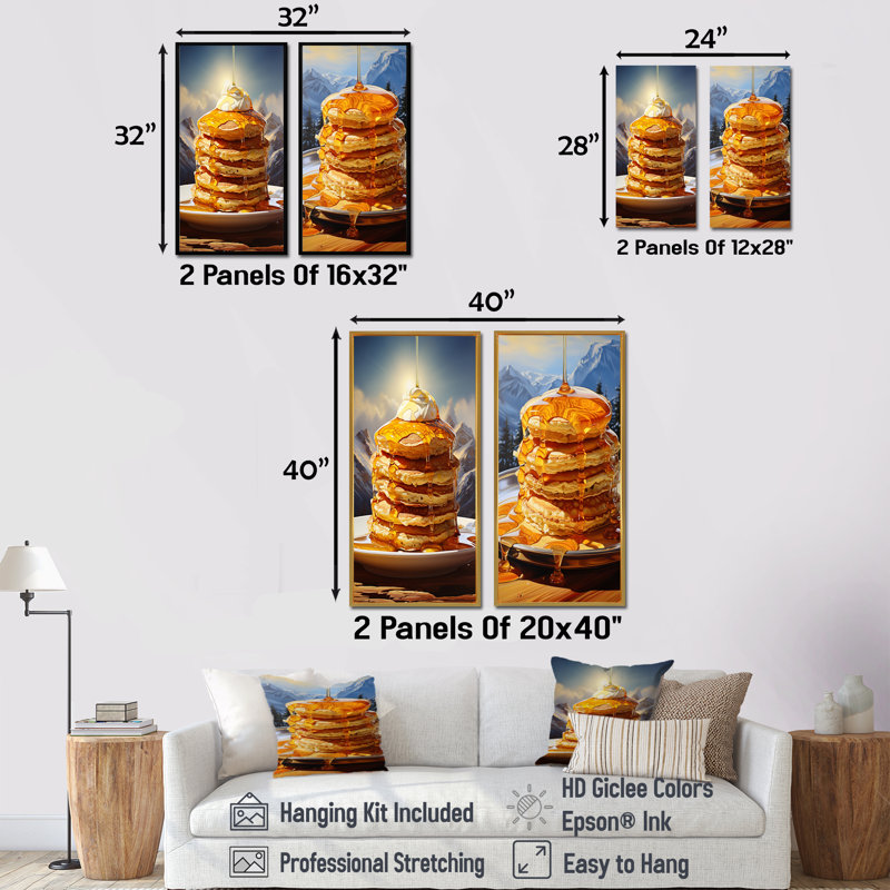 Pancake Peaks - Ensemble de 2 décorations murales déjeuner, Cadre flottant doré, H 32 po x l 33 po