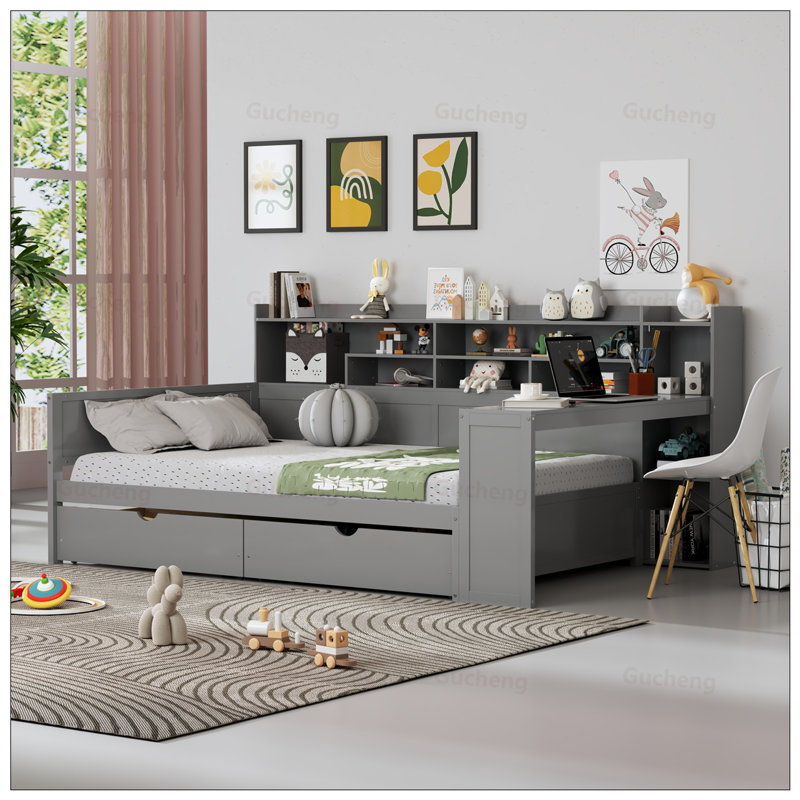 Multifunctional Wood Daybed with Drawers, Shelves, and Built-in Desk for Space-Saving and Productivity, Grey