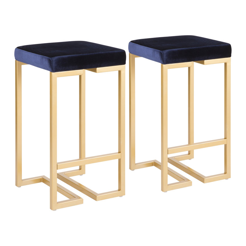Tabouret de bar contemporain de 66 cm (26 po) avec structure dorée et siège en velours bleu - Paquet de 2