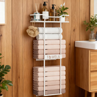 Wall Mounted Towel Rack Organizer, 2-Tier Vertical Bathroom Towel Storage Holder With Top Basket For Space Saving In Bath, RV, And Camping