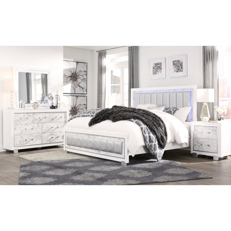 Grand lit blanc avec tête de lit et panneau lumineux, tête de lit rembourrée, structure en bois d'hévéa, mobilier de chambre à coucher moderne, bois massif +, 86 po de profondeur, 79 po de largeur, 60 po de hauteur, 117,93 lb, sommier tapissier