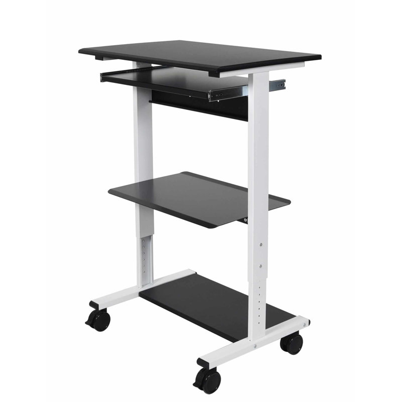 White Adjustable Height Standing Desk with Keyboard Tray and Printer Shelf