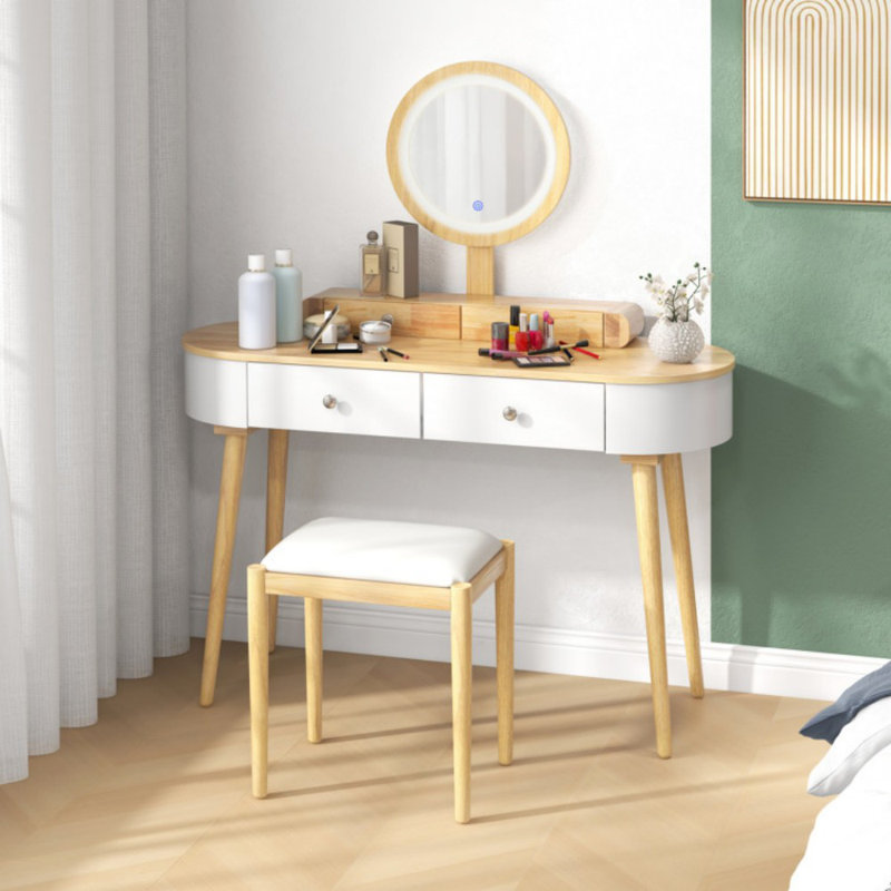 Ensemble de coiffeuse élégant avec miroir à DEL et 3 tiroirs spacieux, White/Natural