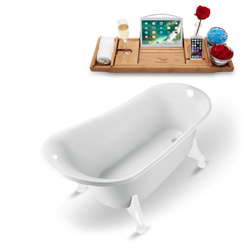 Baignoire de trempage sur pieds 59 "avec drain, pattes et plateau en bambou 59" Streamline, Blanc brillant, Chrome poli